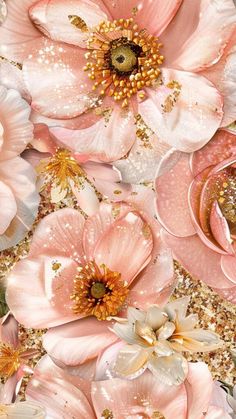 pink flowers with gold glitters on them