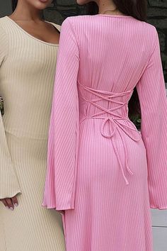 Pink Ribbed Dress, Modest Long Dresses, Long Sleeve Dress Casual, Tie Back Dress, Ribbed Flares, Rib Dress, Low Back Dresses, Modest Dresses Casual, Flare Sleeve Dress