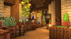 the inside of a minecraft house with lots of plants