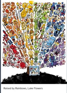 an image of a bunch of stickers on the back of a tree with many different characters