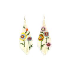 the beaded earrings are decorated with flowers and beads on white background, close up