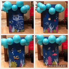 four pictures of blue balloons in the shape of an ocean scene with fish and corals