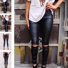 Black Faux Leather Leggings With Cut Knees.. A Little Thicker Great For Chilly Days. Nwt Various Sizes.. Faux Leggings, Black Faux Leather Leggings, Womens Closet, Flare Denim Jeans, Stylish Pants, Best Leggings, Faux Leather Fabric, Faux Leather Leggings, Leather Leggings