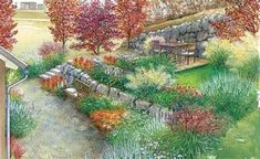 an artist's rendering of a garden with stone walls and colorful flowers in the foreground