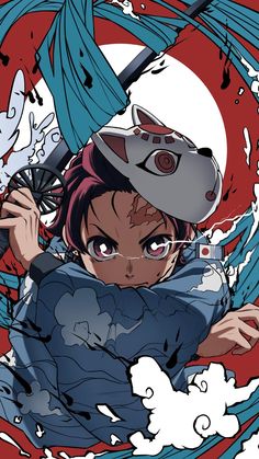 an anime character with blue hair and a helmet on