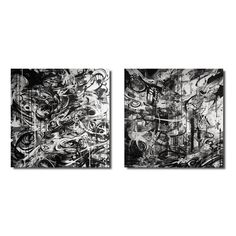 two black and white paintings on a wall