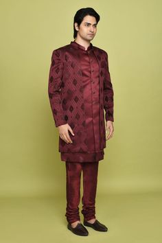 Maroon sherwani featuring feather pattern all over. Paired with a sleeveless, feather detailed hem inner kurta. - Aza Fashions Formal Anarkali Set With Straight Kurta And Cutdana Details, Traditional Art Silk Anarkali Set For Formal Occasions, Formal Straight Kurta Salwar Kameez With Cutdana, Formal Sets With Resham Embroidery For Navratri, Formal Festive Anarkali Set With Cutdana, Formal Festive Sets With Straight Kurta, Formal Saree Set For Navratri, Formal Straight Kurta For Diwali, Formal Zari Work Sets For Navratri