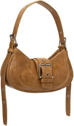 OSOI: Tan Brocle Bag | SSENSE Luxury Brown Shoulder Bag With Buckle Closure, Brown Leather Shoulder Bag With Buckle Closure, Fall Crossbody Shoulder Bag With Silver-tone Hardware, Everyday Shoulder Bag With Silver-tone Hardware For Fall, Trendy Brown Shoulder Bag With Buckle Closure, Brown Bags With Silver-tone Hardware For Fall, Silver Engraving, Press Studs, Faux Suede