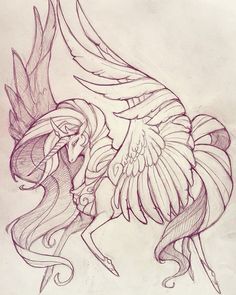 a drawing of a bird with wings on it's back, and its tail spread out