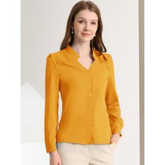 This shirt is elegant and charming for workwear or a day-to-night look, with a cut-out v-neck and unique shoulder details. No-see-through chiffon fabric and stylish v-neck make it a perfect choice for work, office, and daily wear. Pair this work office shirt with a pencil skirt, work pants, or casual jeans. The return of a classic, this button-up shirt is cut from in a chiffon sateen in an always flattering fit-and-flare silhouette. Model Body Size: Height: 5'9", Chest: 33 inches, Waist: 24 inch Formal V-neck Shirt With Buttons, Formal V-neck Shirt With Button Closure, Spring Formal V-neck Shirt, Spring V-neck Office Shirt, Spring V-neck Shirt For Office, Elegant Solid V-neck Shirt, Semi-formal Solid Color Office Lady Top, Semi-formal Solid Office Lady Tops, Solid Color Semi-formal Office Lady Top