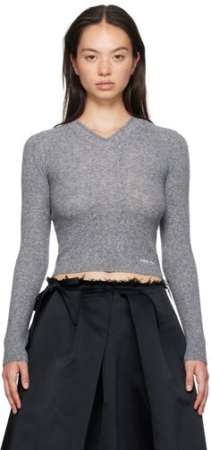 Knit wool- and nylon-blend sweater. · Lace trim at rib-knit V-neck · Cable-knit detailing at front · Embroidered logo at front hem · Rib-knit hem and cuffs Supplier color: Grey Scoop Sweaters, Shushu Tong, Lace Sweater, Winter Skirt, Knitwear Women, V Neck Sweater, Vneck Sweater, Cable Knit, Neck Sweater