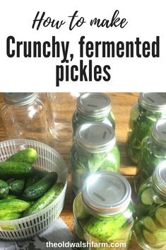 pickled cucumbers in jars with text overlay how to make crunchy, fermented pickles