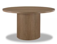 a round wooden table with pleated design on the top and base, against a white background