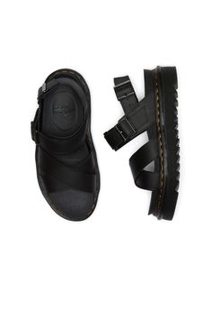 Dr. Martens Voss II Sandal Black The Voss II sandals are constructed from smooth Hydro leather with Gunmetal buckles. They have a lightweight EVA welted sole with a Softwair footbed. Dr Martens Voss Ii, Dr Martens Voss, Karen Walker, Dr. Martens, Black Sandals, Sandals, Leather, Black