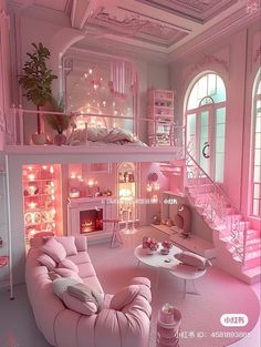 a pink living room filled with lots of furniture and decor on top of each other