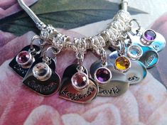 Great gift Personalized NAME charms with BIRTHSTONE add to your Pandora, Camilia style charm braceletIf you need these for traditional bracelet please let me know so i can add a lobster clasp...These can be added to any style bracelet as in pictures 4 and 5 just ask... *~TO COMPLETE YOUR ORDER...please leave comments in 'message to seller' when checking out... please send names and birth months in the note to seller at check out thanks! * ~ I need the name for each name plate ~* I need the birth Threaded Bracelet, Traditional Bracelet, Pandora Beads, Pandora Style, Shoe Charms, Bead Designs, European Style, Name Plate, Charm Bracelets