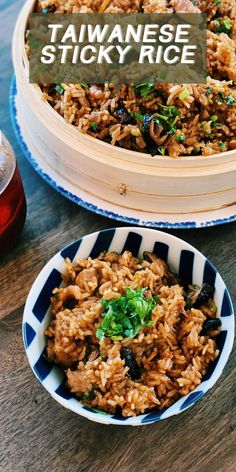 two bowls filled with rice on top of a wooden table