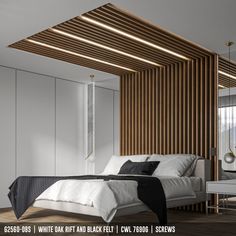 a white bed sitting under a wooden ceiling