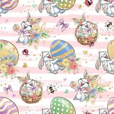 a pink and white striped wallpaper with easter eggs