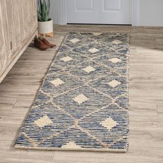 a blue and white rug on the floor in front of a door with a potted plant