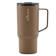 the travel mug is brown and has a black lid