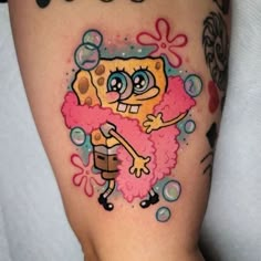 a cartoon character is depicted on the leg of a woman's thigh, with bubbles all around her