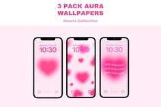 three iphones with hearts on them and the text 3 pack aura wallpapers