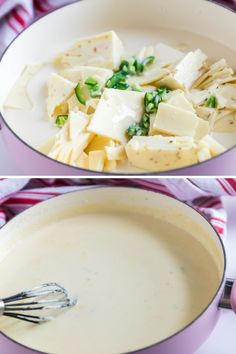 two pictures of food being cooked in a pan