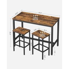 the table and two stools are shown with measurements for each piece on the table