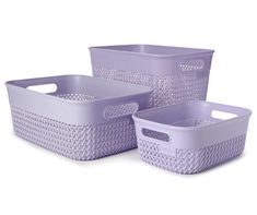 three plastic baskets with handles on each side and one basket in the middle for storage