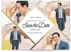 save the date photo collage with photos in gold and white, surrounded by golden squares