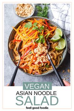 This bright and colorful Asian Noodle Salad is a gluten-free vegan meal that's filled with fresh vegetables and tossed in a peanut sauce. Asian Noodle Salad Recipe, Spicy Asian Noodles, Asian Noodle Salad, Vegetarian Mains, Cabbage Steaks, Noodle Salad Recipes, Asian Noodle, Vegan Asian, Fruit Salads