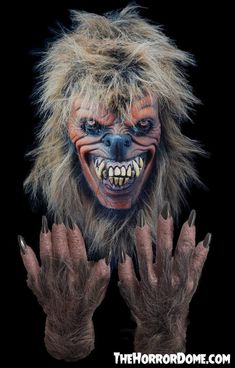 an animal with long hair and claws on it's face is being held up by two hands