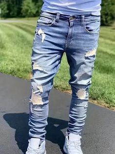 Men's Cotton Ripped Denim Pants - Trendy Casual Slim Jeans As Gift - Men's Clothing - Temu South Africa