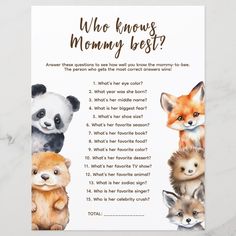 a card with the words, who knows mommy best? and four baby animals on it