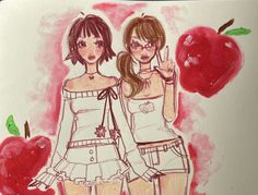 two girls standing next to each other in front of an apple