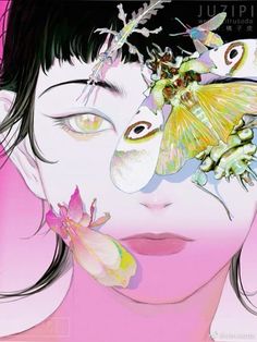 a painting of a woman with flowers in her hair and butterflies on her face, against a pink background