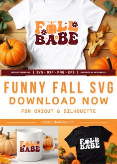 the fall svg bundle includes two t - shirts and mugs, as well as pumpkins