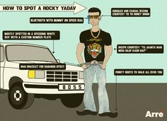 a man standing next to a white truck with the words how to spot a rocky vada