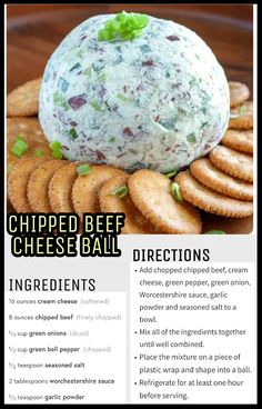 a cheese ball on top of crackers with the caption'ingredients'below it