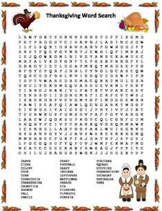 the thanksgiving word search is shown with an image of two men in turkey hats and one man