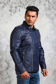 Leather Blue Jacket for Men's Winter Fashion Men's blue leather jacket is made from 100% genuine leather. This trendy motorcycle jacket features front zipped YKK closure, convertible collar & 3 spacious, functioning zipper pockets.  With no compromise on quality, this blue motorcycle leather jacket is made to provide comfort and adherence in all weathers. Diamond quilted pattern on shoulders and back makes it stylish men's outfit. Now feel wild while being safe for you and your loved ones. Outfi Blue Leather Outerwear For Streetwear, Blue Leather Streetwear Outerwear, Blue Long Sleeve Biker Leather Jacket, Blue Leather Outerwear For Fall, Blue Leather Jacket With Zipper Closure, Blue Leather Jacket For Fall, Men's Winter Fashion, Leather Jacket Mens, Blue Motorcycle