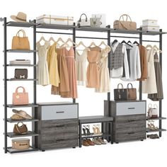 an open closet with clothes and handbags on shelves