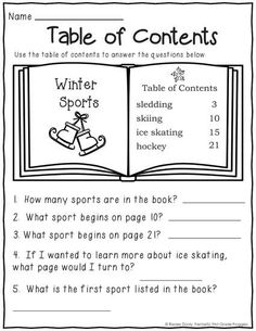 the table of contents worksheet for winter sports