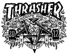 a black and white drawing of the word thrash