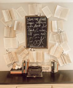 an old typewriter and some books on a desk with a chalkboard above it