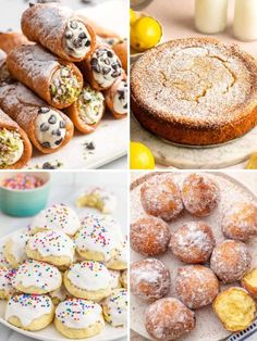 there are many different types of pastries on the table and in the pictures below