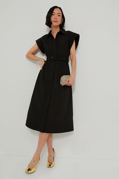 Elegant in its simplicity, the structured and ultra-ladylike Black Chloe Dress is done in a textured cotton-blend fabric that is sure to turn heads for its design details. The moire pattern throughout and trapunto stitching on the sleeves, placket, and hemline complete this midi moment, making it feel extra special with minimal effort. Pair with heels or flats, sunnies or statement earrings, for day or night, and rest assured that you look fabulous! Spread collar Short wing sleeves Button front Structured Black Midi Dress, Black Structured Midi Dress, Spring Black Dresses With Structured Shoulders, Black Spring Dresses With Structured Shoulders, Black Dresses With Structured Shoulders For Spring, Chic Cotton Evening Dress, Chic Cotton Dress For Evening, Black Cotton Midi Dress For Evening, Chic Evening Cotton Dress