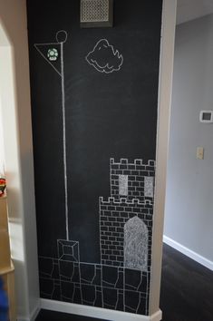 a chalkboard drawing of a castle on the wall