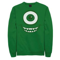 a green sweatshirt with an evil face drawn on the front and eyes painted on the back